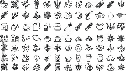 Herbal Tea and Organic Wellness Line Icon Set with Outline Symbols for Chamomile, Mint Leaves, Ginger Root, Teapots, and Naturopathy Beverage Menu Design