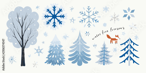 Slika na platnu Winter Trees And Snowflakes A Blue toned Vector Illustration