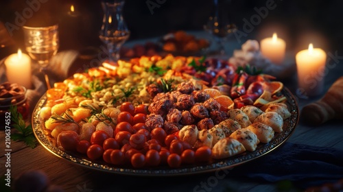 Gourmet Platter with Diverse Appetizers, Candles, and Warm Lighting for a Festive Gathering