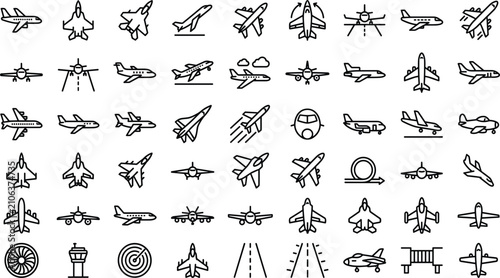 Photos Jet Plane Aviation and Commercial Airline Line Icon Set with Outline Symbols for