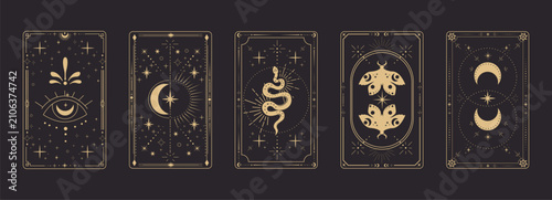 Cuadro en lienzo Mystical tarot reverce border card frame with celestial moon, snake, moth pattern