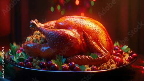 Roasted Thanksgiving Turkey with Cranberries and Stuffing on a Plate