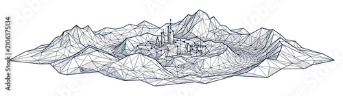 Wireframe Mountain Landscape with Abstract Cityscape