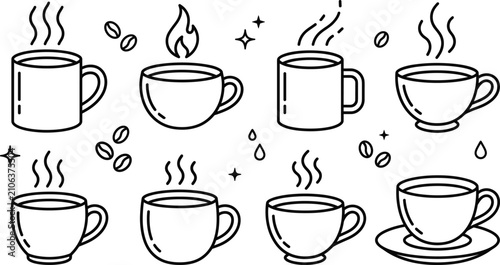 Foto Hot coffee mug and tea cup line art vector icon set featuring steam coffee beans