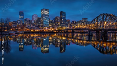 Portland Oregon Skyline at Twilight Reflected in the Willamette River with Steel Bridge