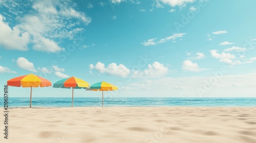 Colorful Beach Umbrellas on Sandy Shoreline Under a Bright Blue Sky