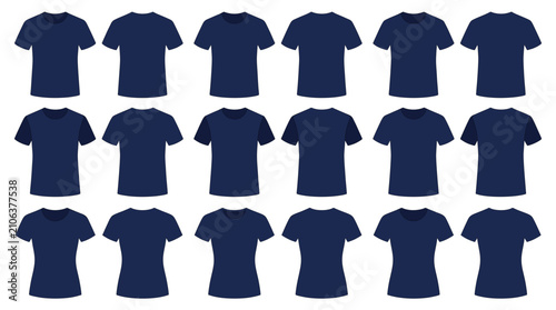Collection of navy blue plain t-shirts arranged in rows, studio shot