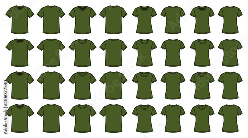 A grid of uniformly colored green t-shirts, representing a bulk clothing order or retail display