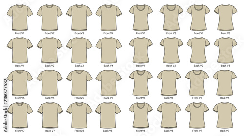 A compilation of different styles and sizes of blank t-shirts laid out in rows