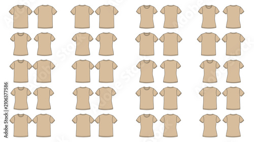 Numerous tan t-shirts arranged in a grid pattern, suggesting a bulk order or inventory display
