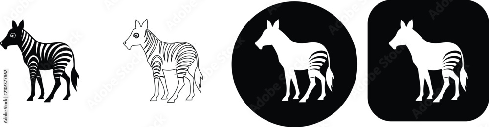 Obraz premium Set of four zebra featuring black and white silhouettes, outline and circular or square button variations for web interface