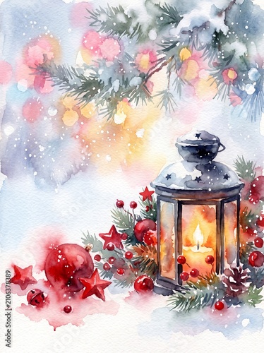 Artistic, cozy, and magical, with soft watercolor washes, gentle snow flurries, and warm holiday color accents.