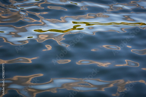 фотографія Abstract reflections ripple across deep blue water with soft streaks of green and bronze