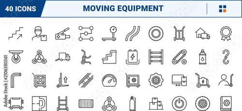 Industrial stair climbing dolly line icon set. Vector pictograms of hand, truck, moving, and cart elements, thin linear illustration.