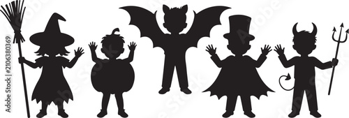 Foto Black silhouettes of children dressed in Halloween fancy costumes to go trick or treating and celebrate Halloween party, flat cartoon vector illustration isolated on white background