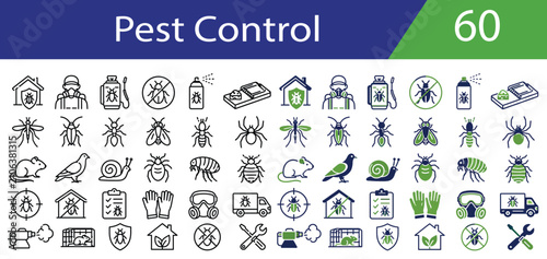 Pest Control Line Icons Set – Exterminator, Insects, Rodents, Mosquito, Cockroach, Termite, Bug Spray and Vector Icon Collection