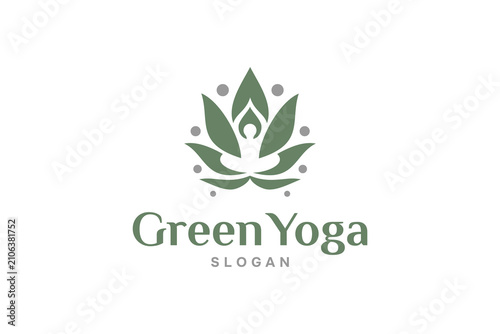 Green Yoga Lotus Flower Logo Design Wellness Meditation Nature Symbol