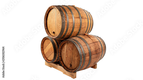Stack of three traditional wooden oak barrels winery isolated on transparent background