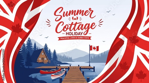 Summer Cottage Holiday Poster, Peaceful Lake Cabin and Dock Illustration