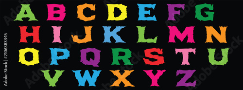 Bild auf Leinwand A set of vibrant, multi-colored capital letters of the English alphabet, featuring a unique distressed or torn-edge style, set against a solid black background