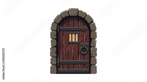 An old wooden dungeon door with iron hinges and a stone archway