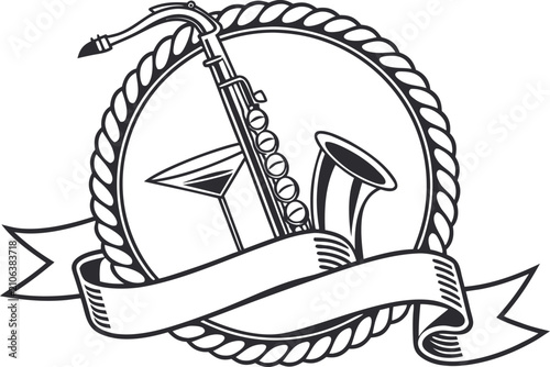 Photography Jazz music emblem featuring saxophone and martini glass inside rope frame with b