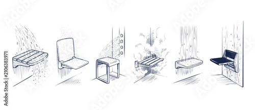 Shower seat bench illustration set depicting various wall mounted folding bathroom chairs and stools for handicap accessibility and modern spa interior design technical sketches on white backgrounds.