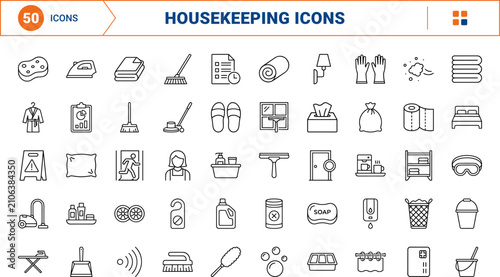 Hotel housekeeping service cleaning trolley line icon set. Vector pictograms of cart, corridor, hospitality, and linen elements, thin linear illustration.