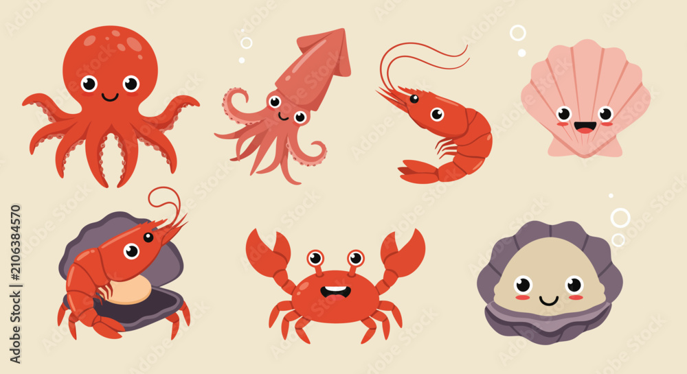 Fototapeta premium Cartoon sea creatures smiling 1.