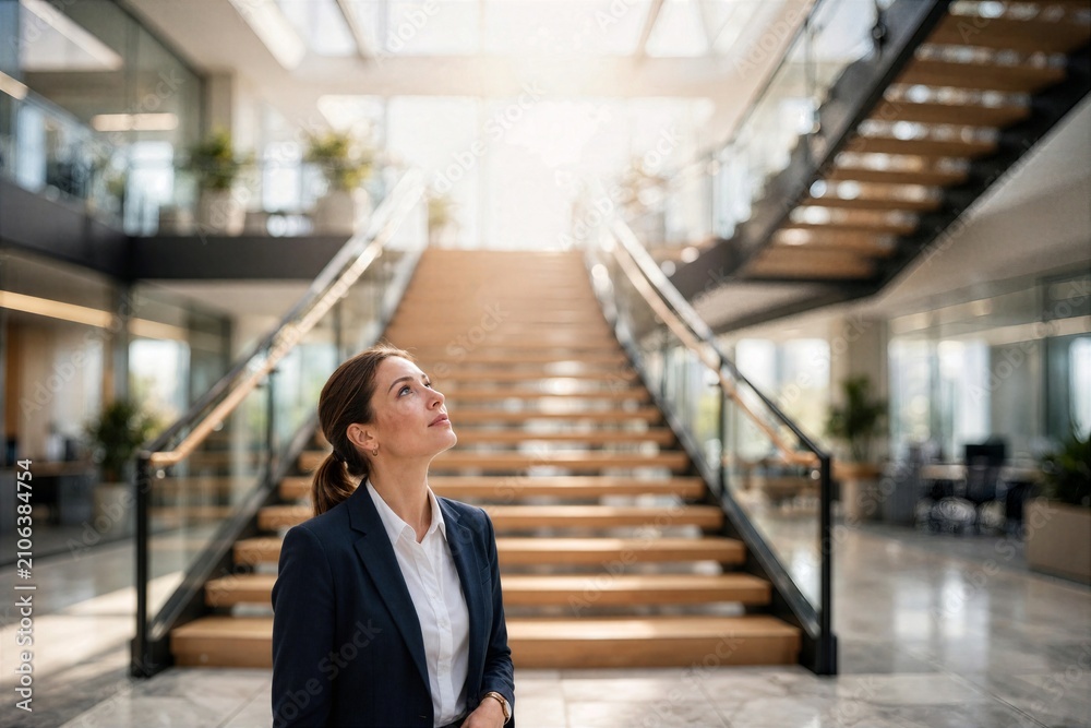 Fototapeta premium Business Woman Looking Up at Office Staircase