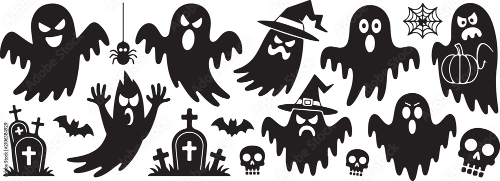 Fototapeta premium Halloween ghost clipart set vector spooky haunted silhouettes skull icons isolated on transparent background