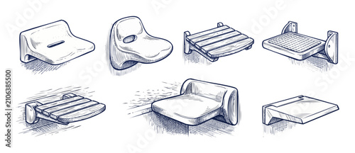 Shower seat wall mounted bench sketch illustration set of handicap bathroom safety chairs, folding wooden and plastic bath seats for accessible home design in vintage line art engraving style.