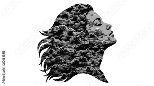 Konstfotografi Woman s face silhouette filled with cloudy sky grayscale