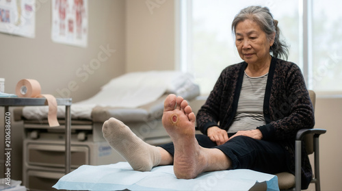 Senior woman receiving diabetes foot care consultation from nurse in a healthcare setting