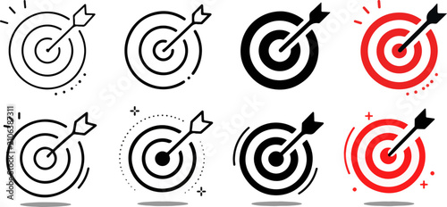Target icon with arrow hitting the centre. Bullseye symbol representing precision, focus, achievement and strategic goals for business planning, success and performance concepts. eps