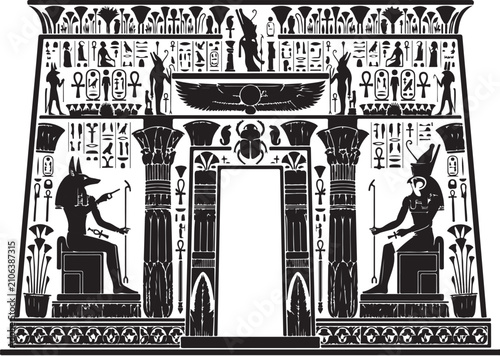 Ancient Egyptian temple entrance vector, black and white pharaonic pylon with hieroglyphs, silhouette of Anubis and Horus deities in a tomb portal