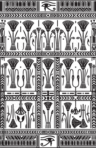Ancient Egyptian seamless pattern vector, ethnic papyrus flower and Eye of Horus border, black and white tribal ornament for textile print