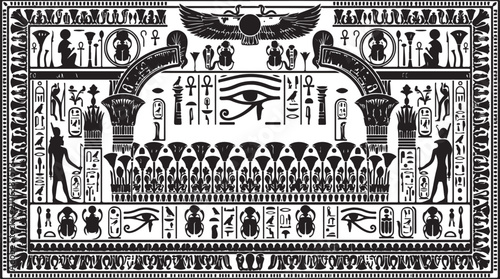 Ancient Egyptian hieroglyphics vector illustration, black and white papyrus mural with Eye of Horus, mystical pharaoh symbols and deities