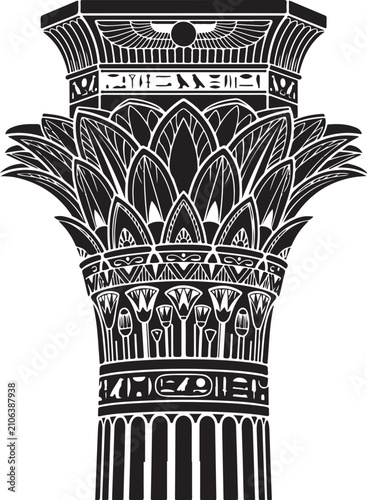 Ancient Egyptian column with lotus capital and hieroglyphics, black and white architectural vector illustration, historic temple pillar design