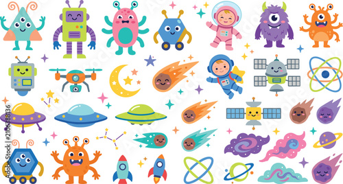 Cute Space Cartoon Icons Collection with Aliens Astronauts Robots Planets Rockets and Galaxy Elements