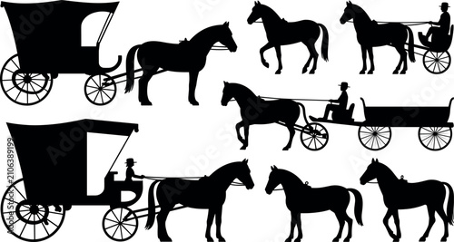Fotografie Vintage Horse Carriage Silhouettes Set and Antique Transportation Vector Illustr