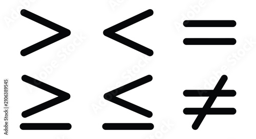 Bild auf Leinwand Greater than less than and not equal signs black vector icons on white