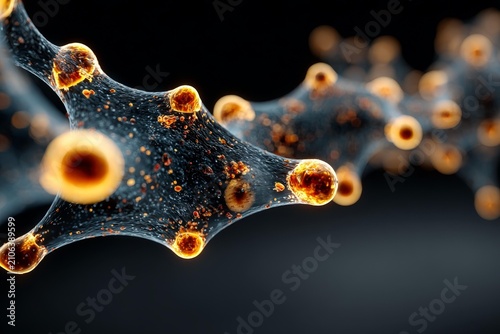 Abstract glowing golden spheres attached to a dark, intricate network structure, representing digital technology or microscopic biology.