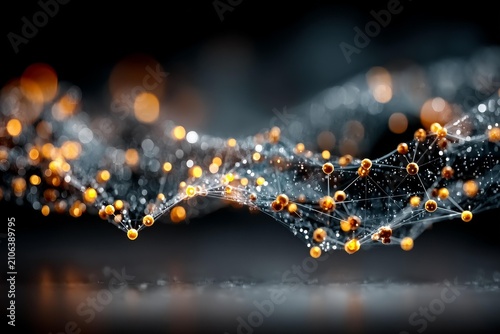 abstract glowing light lines and bokeh create a flowing digital network effect on a dark background.