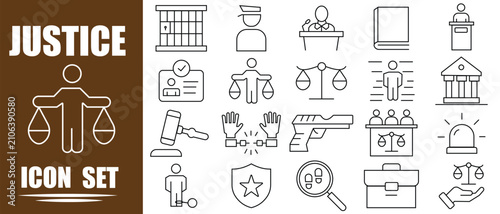 Law and justice set icons  set  in linear style, Social policy editable stroke icon vector set, Lawyer, judge, justice, and more.