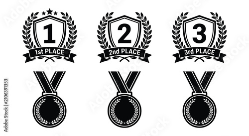 Bild auf Leinwand First second and third place medals black vector illustration on white