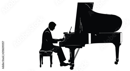 Pianist plays a grand piano in a minimalist black and white silhouette design.