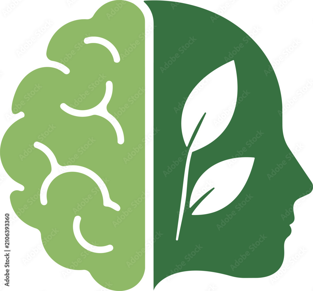 Obraz premium Eco Brain Human Head Profile with Green Leaves and Mental Health Sustainability Concept Icon