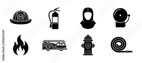 Tablou pe pânză Set of black firefighting equipment icons featuring helmet extinguisher hood ala