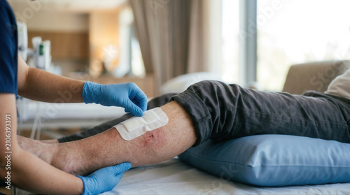 Healthcare worker providing wound care with a bandage to a patient in a medical environment